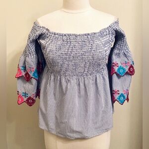 Loft Blue White Pinstripe Smocked Embroidered Sleeves Off The Shoulder Top XS